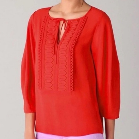 DIANE VON FURSTENBERG Sz 14 Iliana 3/4 Sleeves Ornate Slim Tie  Flowy Blouse - Picture 2 of 10